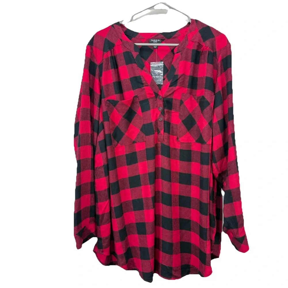 Torrid Lizzie Black Red Buffalo Plaid Twill Button Up Long Sleeve‎ Shirt Size 3X